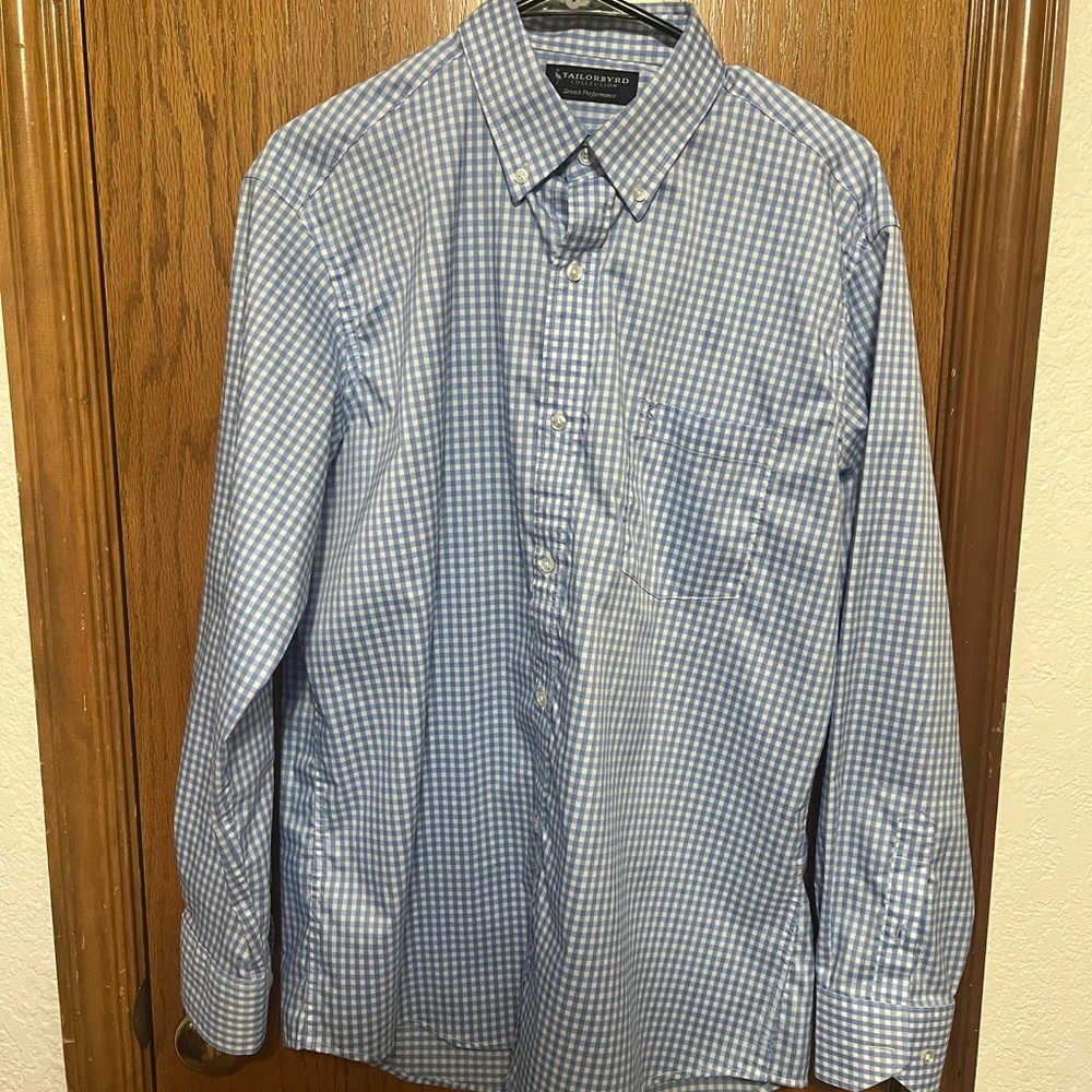 Tailorbyrd Light Blue Gingham Performance Large Dress Shirt